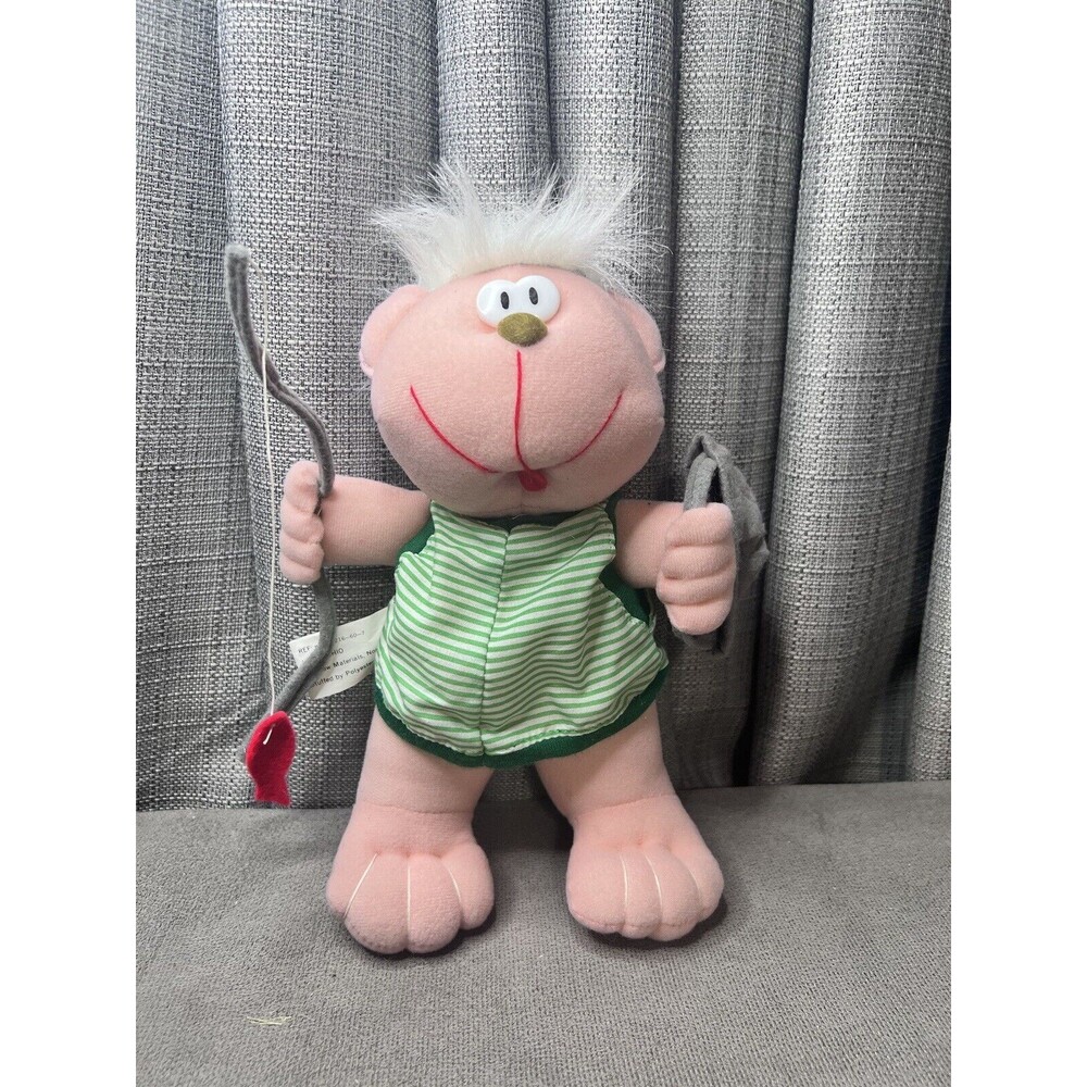 VTG Hugfun Fishing Boy Plush Stuffed Toy Pole Basket White Hair 10 Inch Clothes